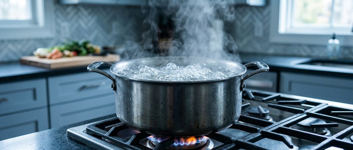 Pot of water at a full rolling boil on a stovetop