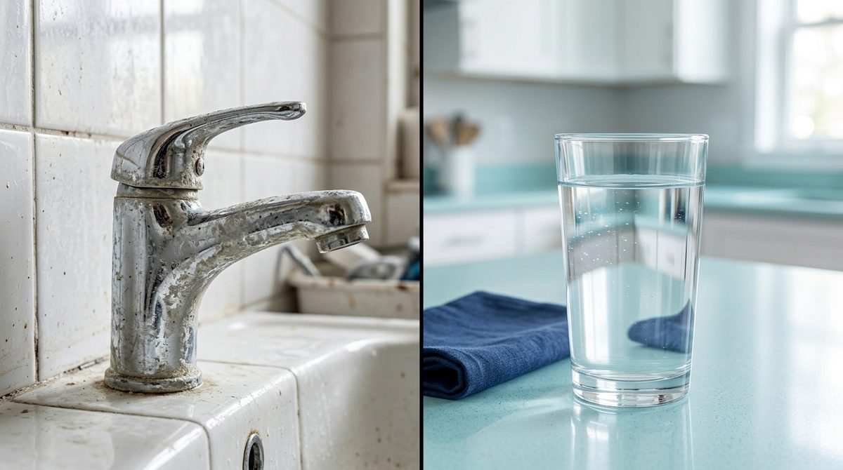 Chrome faucet crusted with white limescale next to a clear glass of drinking water