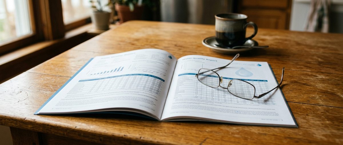 Annual water quality report on a kitchen table with reading glasses resting on it