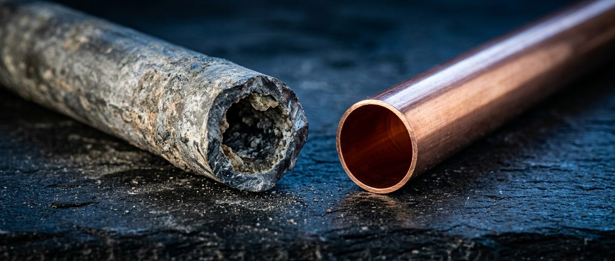 Cross-section of an old gray lead water pipe beside a modern copper pipe