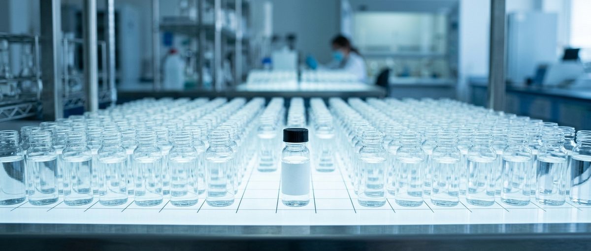 Laboratory vials of water samples arranged on a light table in cool blue tones
