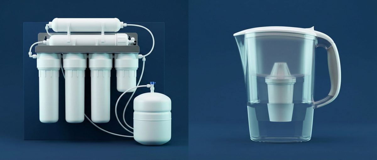 Under-sink reverse osmosis system beside a simple carbon pitcher filter