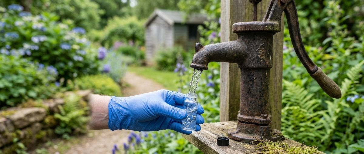 Gloved hand filling a water sample vial at an outdoor well spigot